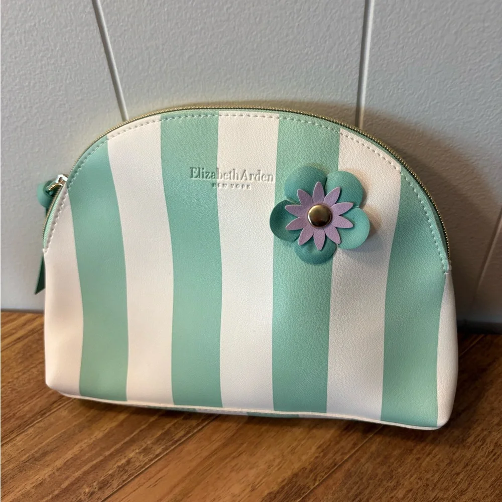Elizabeth Arden Mint Green and White Striped Cosmetic Bag